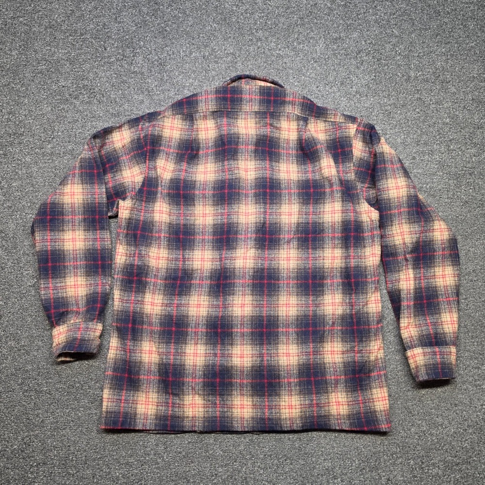 VTG Pendleton Board Shirt Plaid Tan Navy Mens Large Wool Flannel Loop Collar USA - Picture 7 of 7